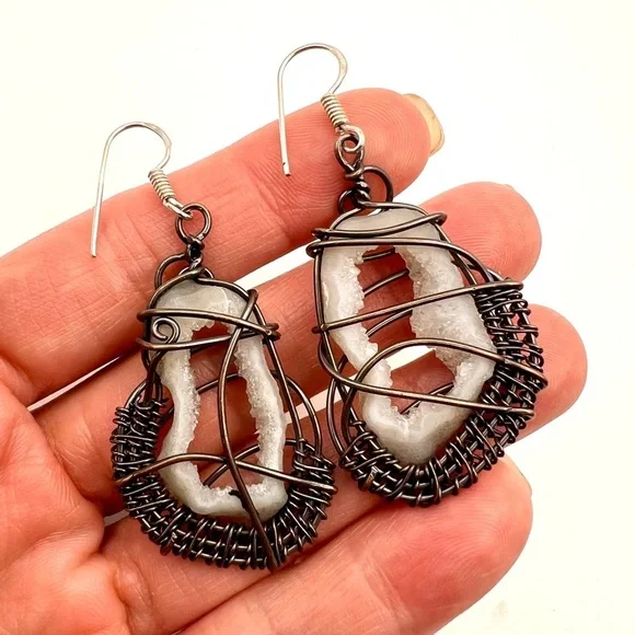 Copper Wire Wrapped Geode Quartz Earrings - Picture 5 of 6